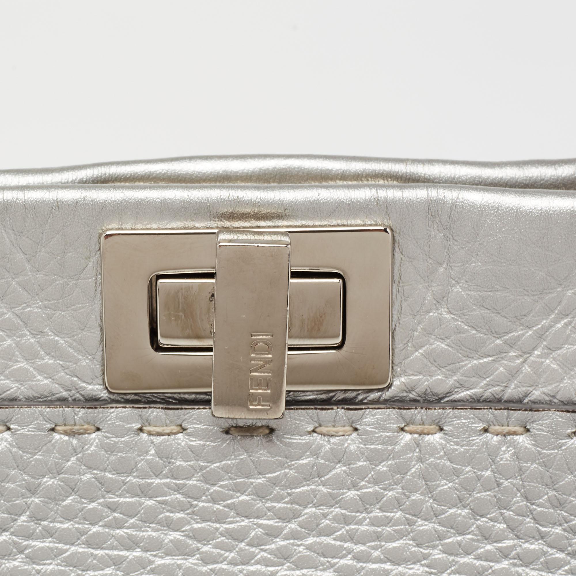 Fendi Silver Selleria Leather Mini Peekaboo Top Handle Bag In Good Condition In Dubai, Al Qouz 2