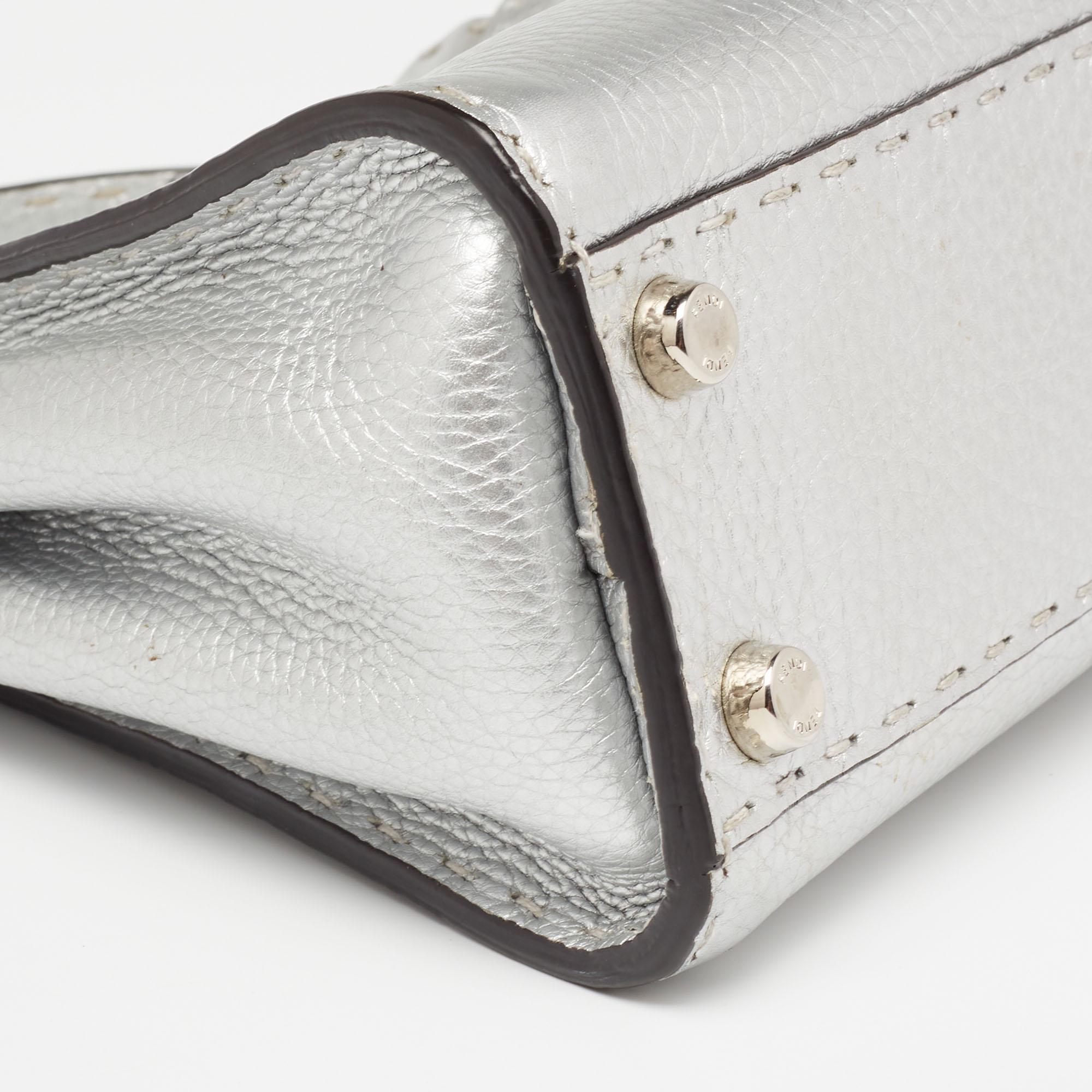 Women's Fendi Silver Selleria Leather Mini Peekaboo Top Handle Bag