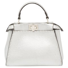 Fendi Silver Selleria Leather Mini Peekaboo Top Handle Bag