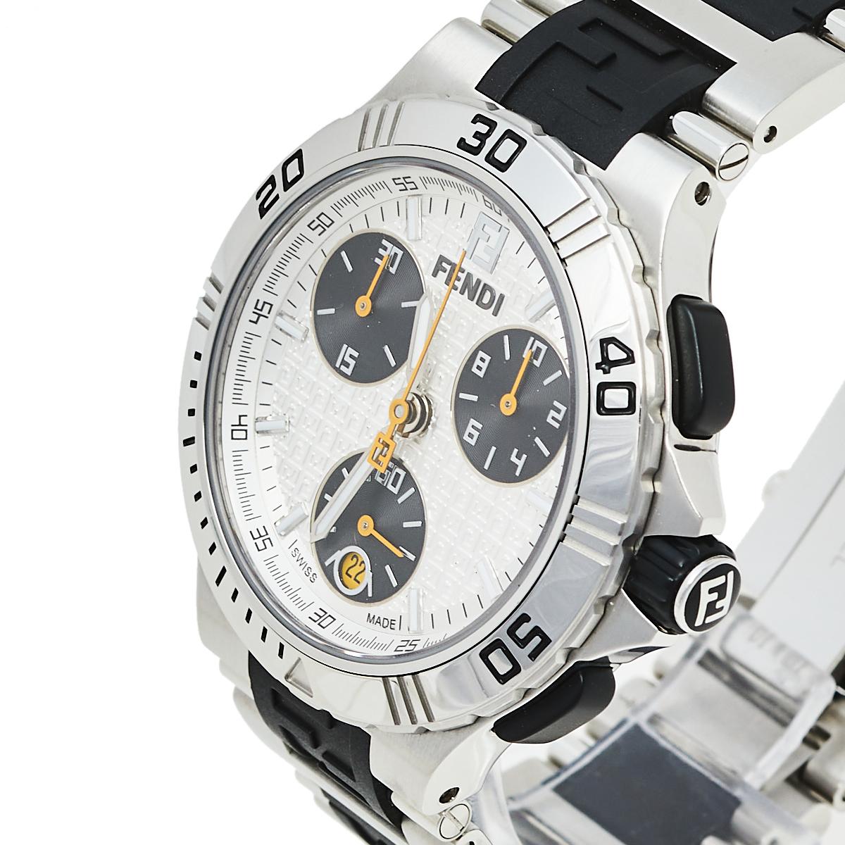 Contemporary Fendi Silver Stainless Steel Chronograph 4800M Men's Wristwatch 38 mm