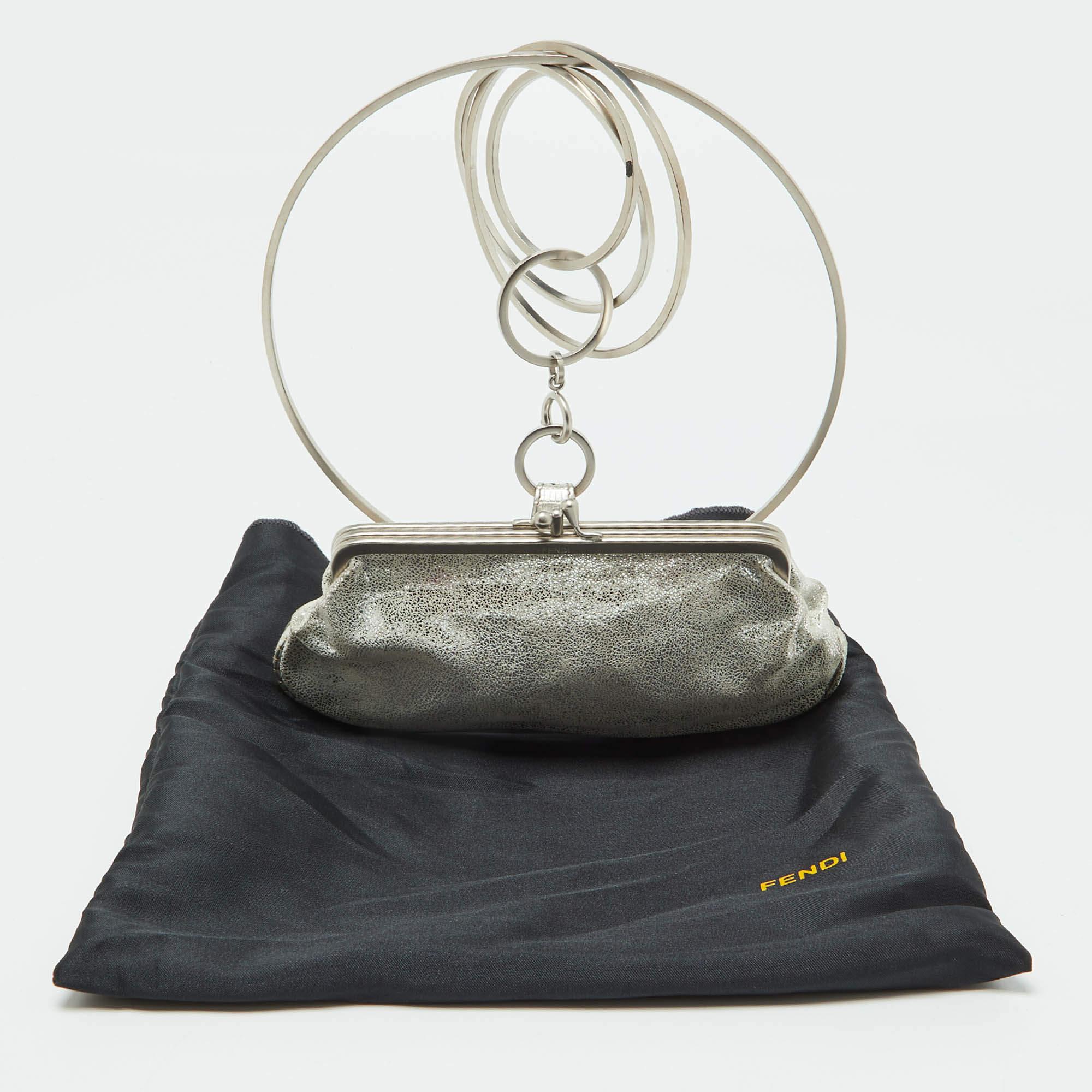 Fendi Silver Suede Rings Clutch For Sale 4