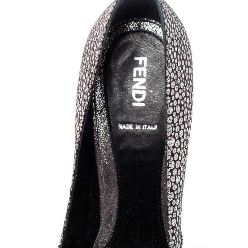 Fendi Silver Textured Fabric Bow Peep Toe Pumps Size 37 For Sale 2