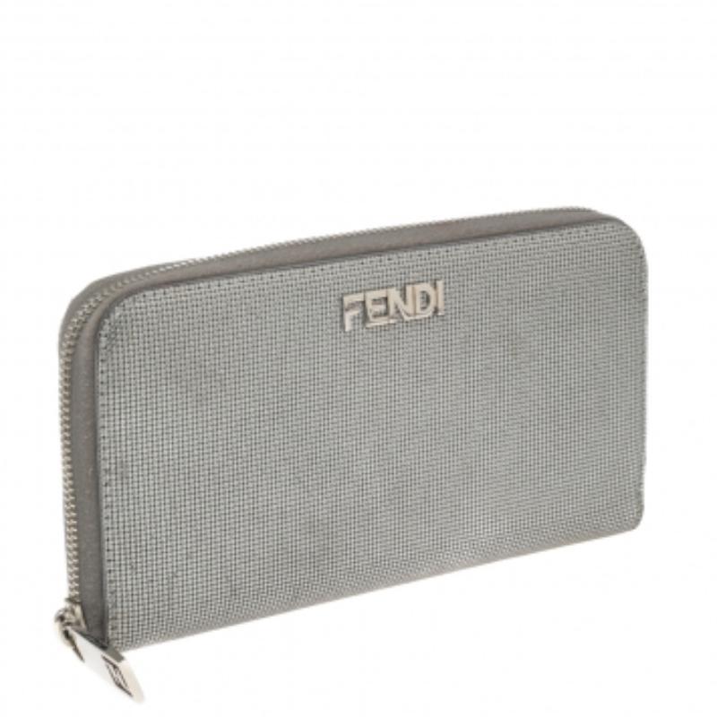 Fendi Silber strukturiertes Leder Zip um Continental Geldbörse Damen im Angebot