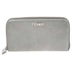 Fendi Silver Textured Leather Zip Around Continental Wallet