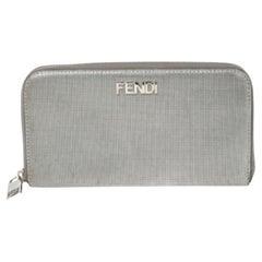 Fendi Silver Textured Leather Zip Around Continental Wallet