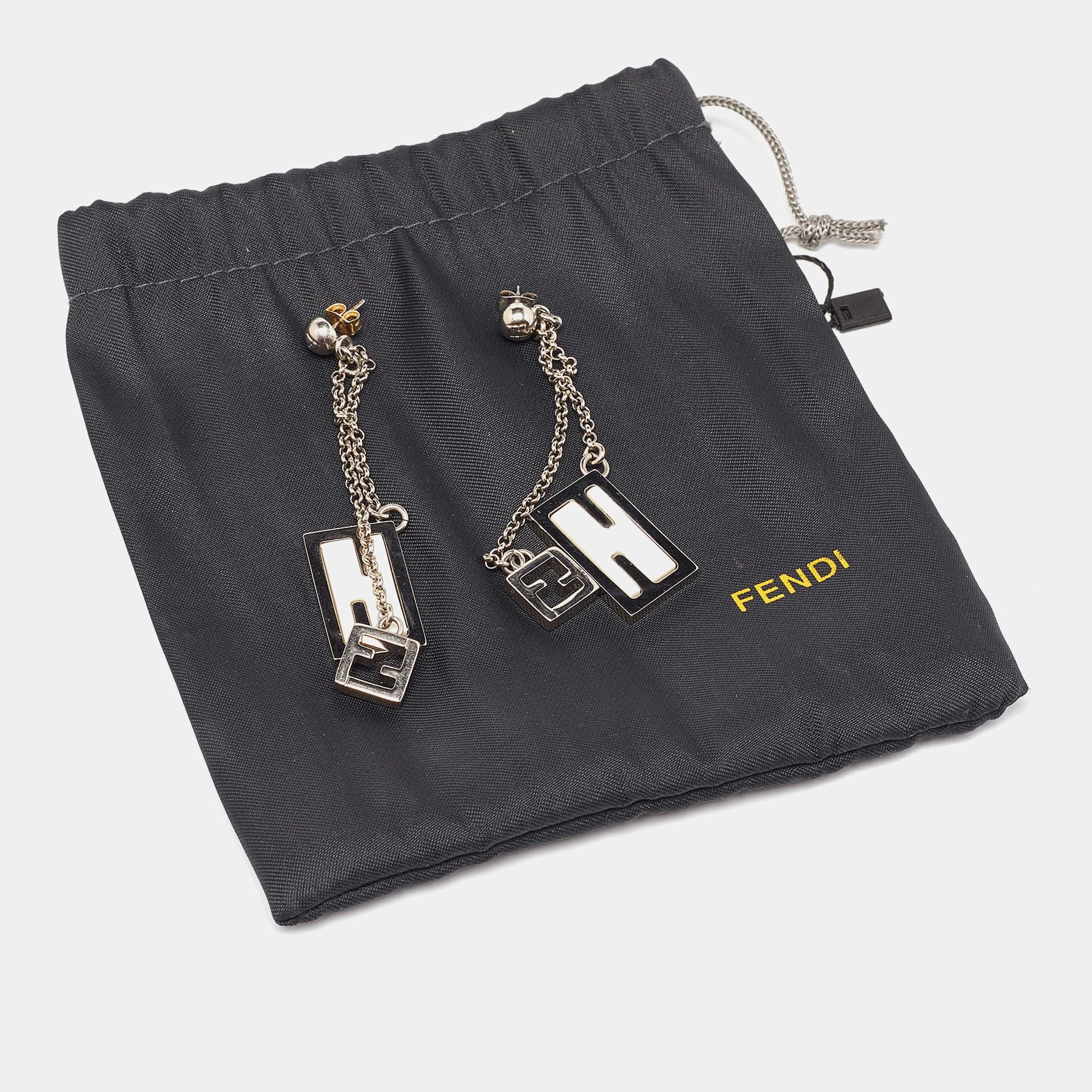 Fendi Silver Tone Chain Detail Logo Drop Earrings 1