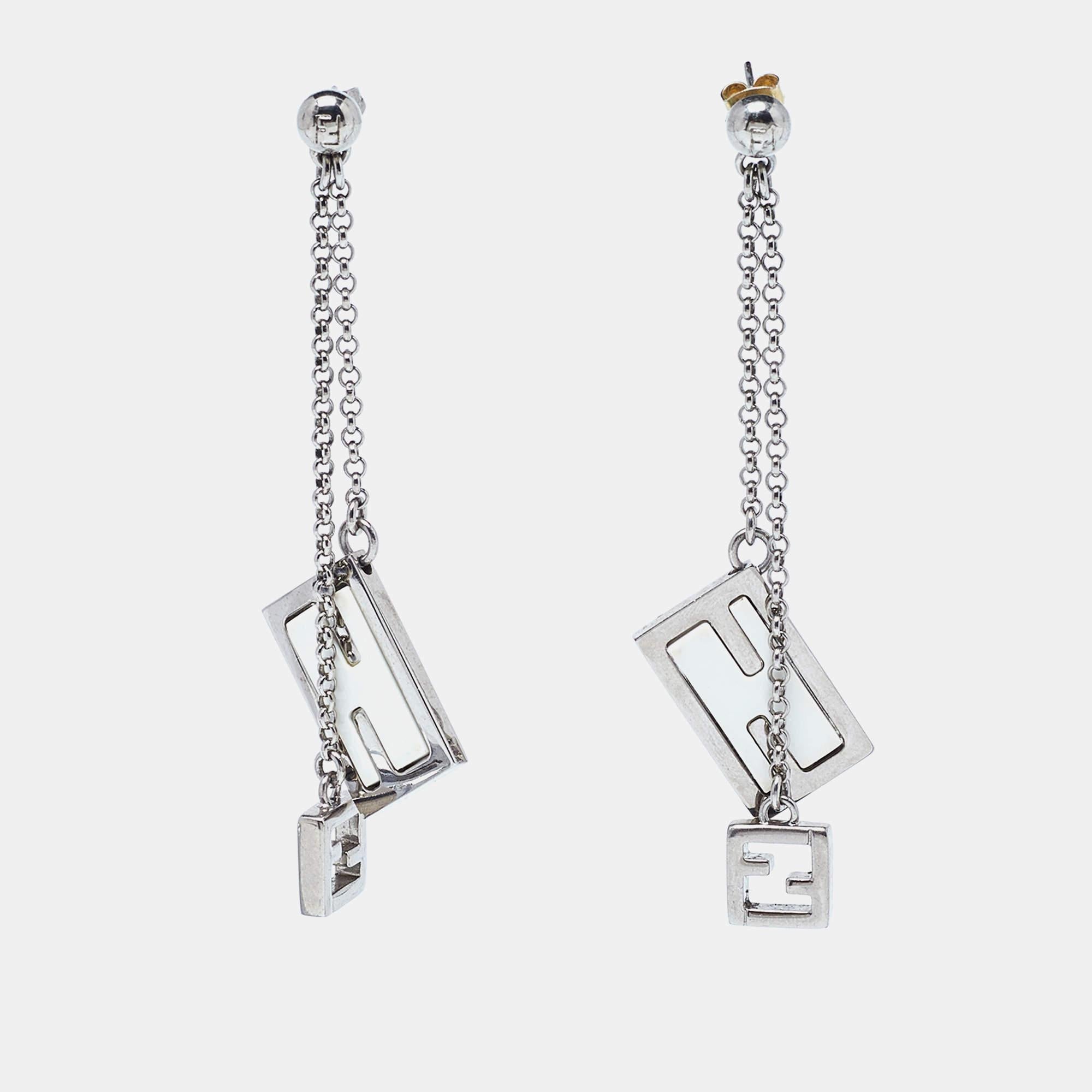 Fendi Silver Tone Chain Detail Logo Drop Earrings For Sale