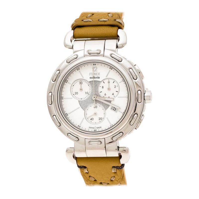 Fendi Silver White Stainless Steel Selleria F89034H Women's Wristwatch 39 mm
