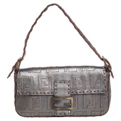 Fendi Silver Zucca Leather Medium Whipstitched Baguette Bag