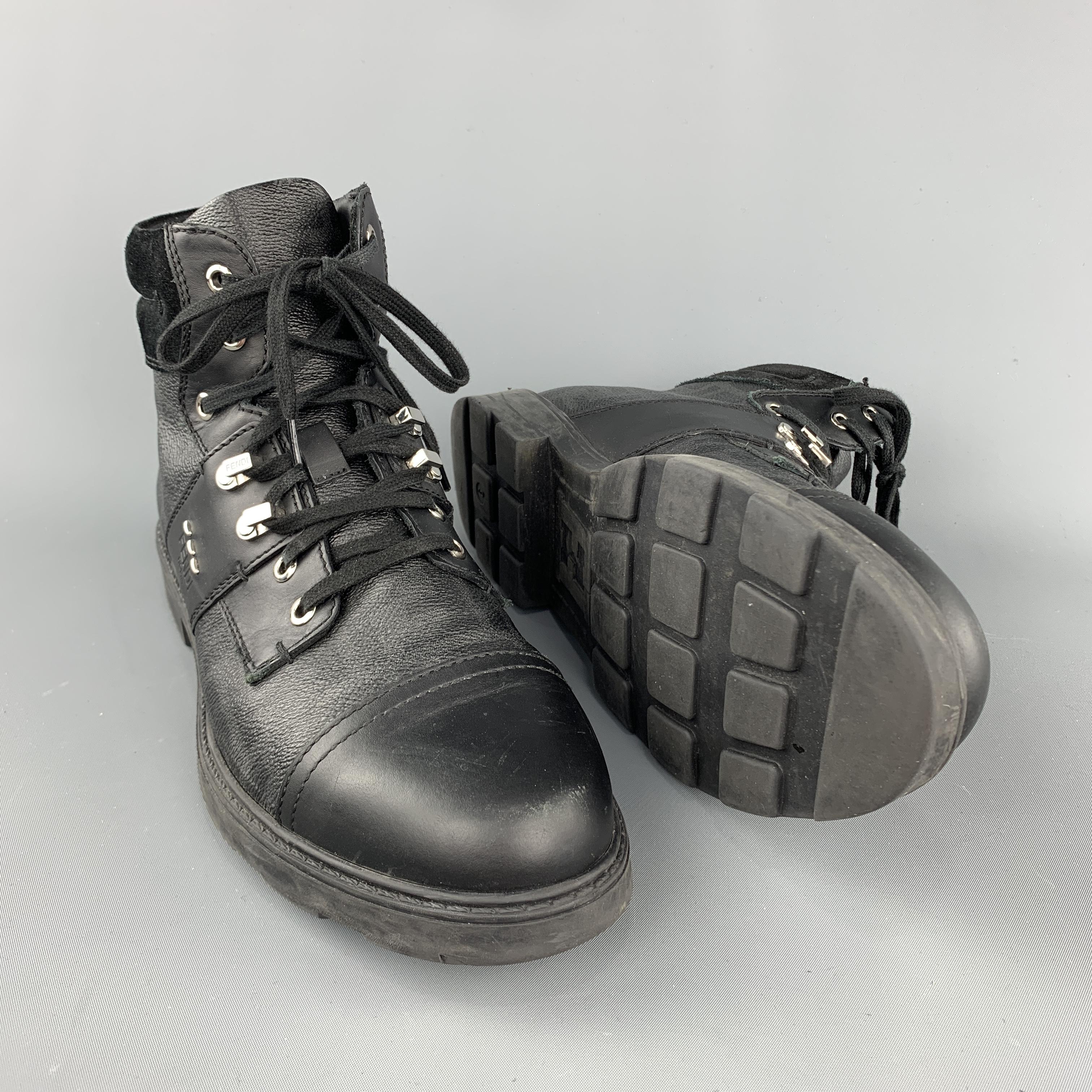 FENDI Size 10 Black Monogram Leather Lace Up Boots In Good Condition In San Francisco, CA