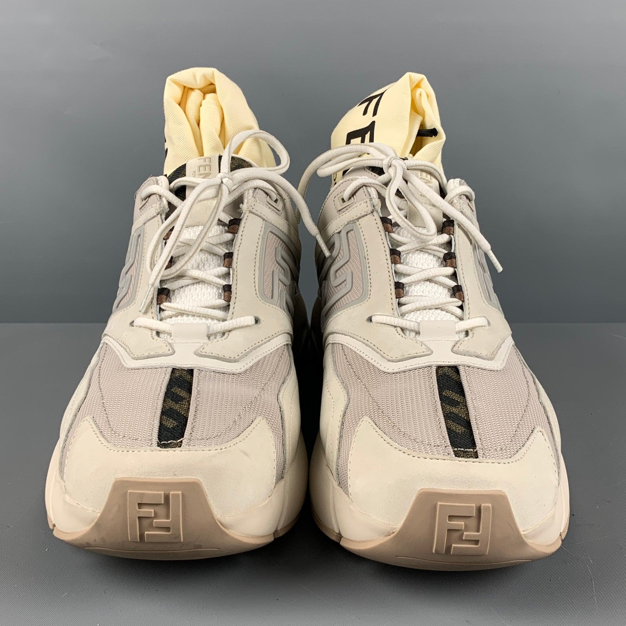 FENDI Size 12 Grey White Mixed Materials Lace Up Sneakers In Good Condition For Sale In San Francisco, CA