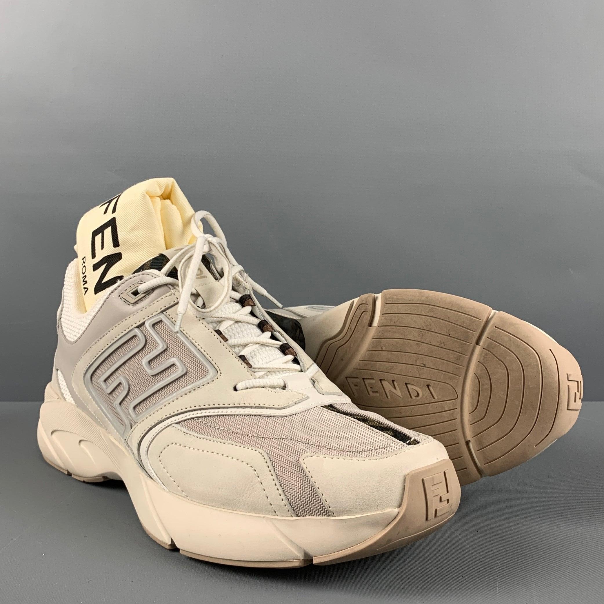 FENDI Size 12 Grey White Mixed Materials Lace Up Sneakers For Sale 1