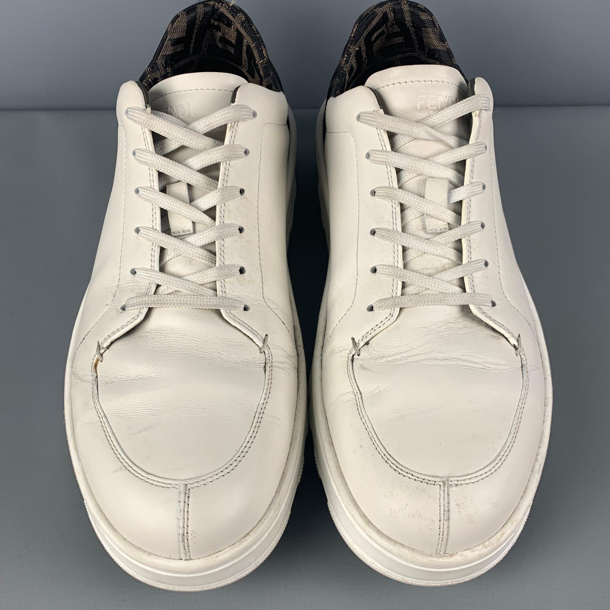FENDI Size 12 White Brown Logo Leather Lace Up Sneakers In Good Condition In San Francisco, CA