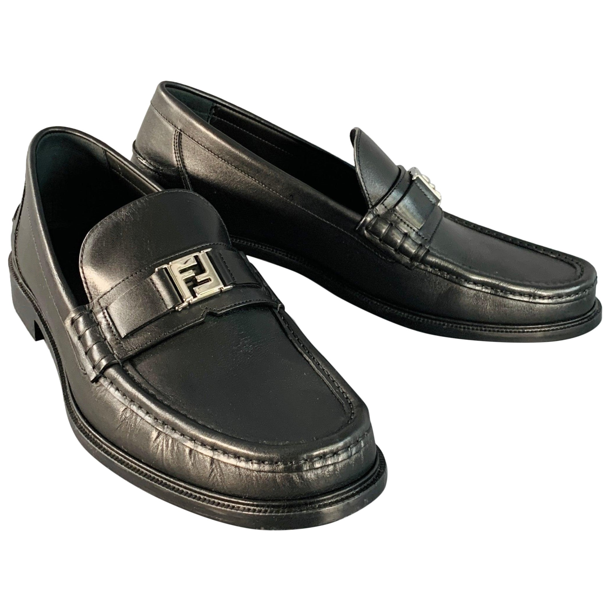 FENDI Größe 13 Schwarz Silber Kalbsleder Monogram Schnalle Slip On Loafers
