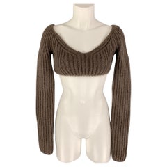 FENDI Size 2 Taupe Mohair Silk Knitted Off The Shoulder Cropped Top