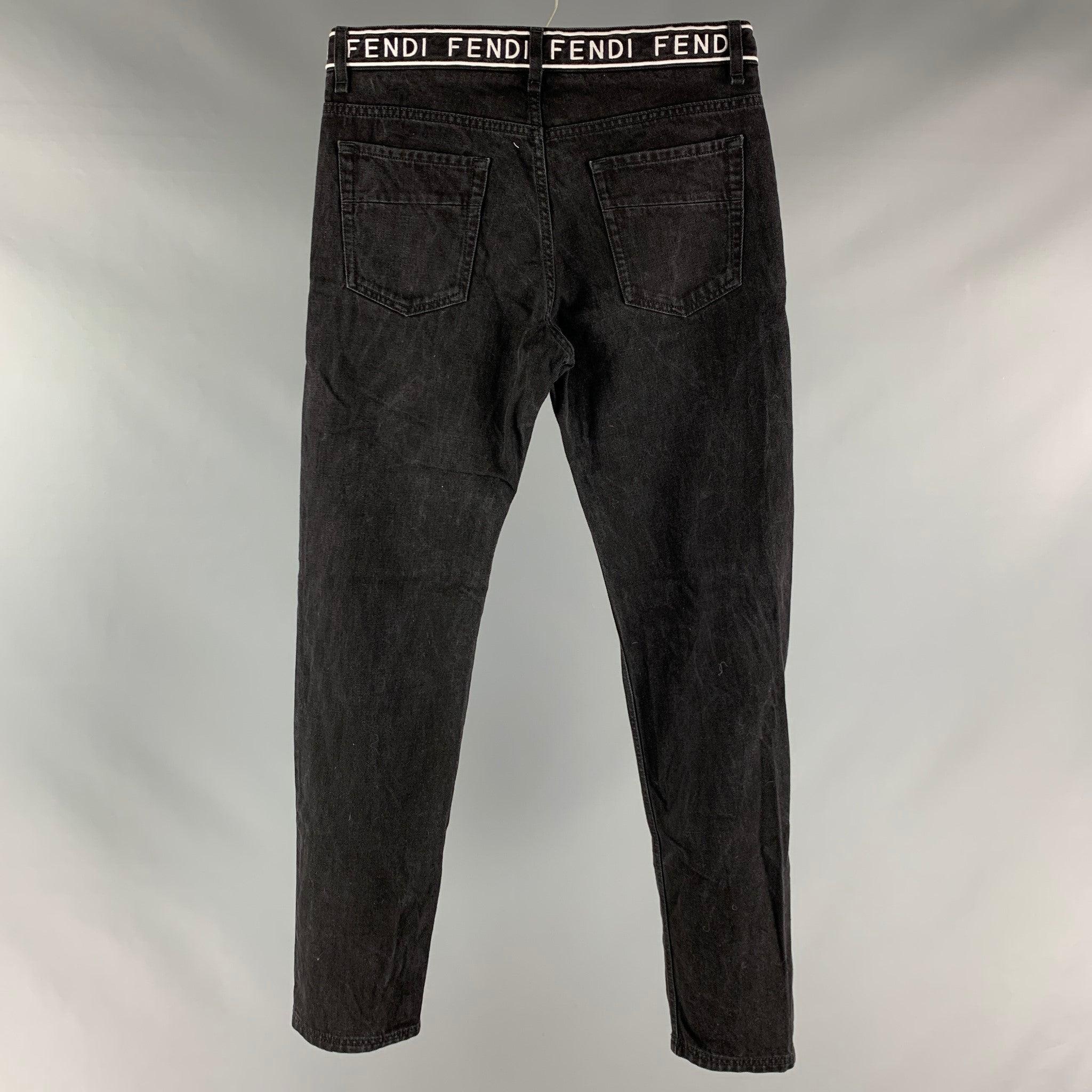 FENDI Size 33 Black White Logo Cotton Zip Fly Jeans In Excellent Condition For Sale In San Francisco, CA