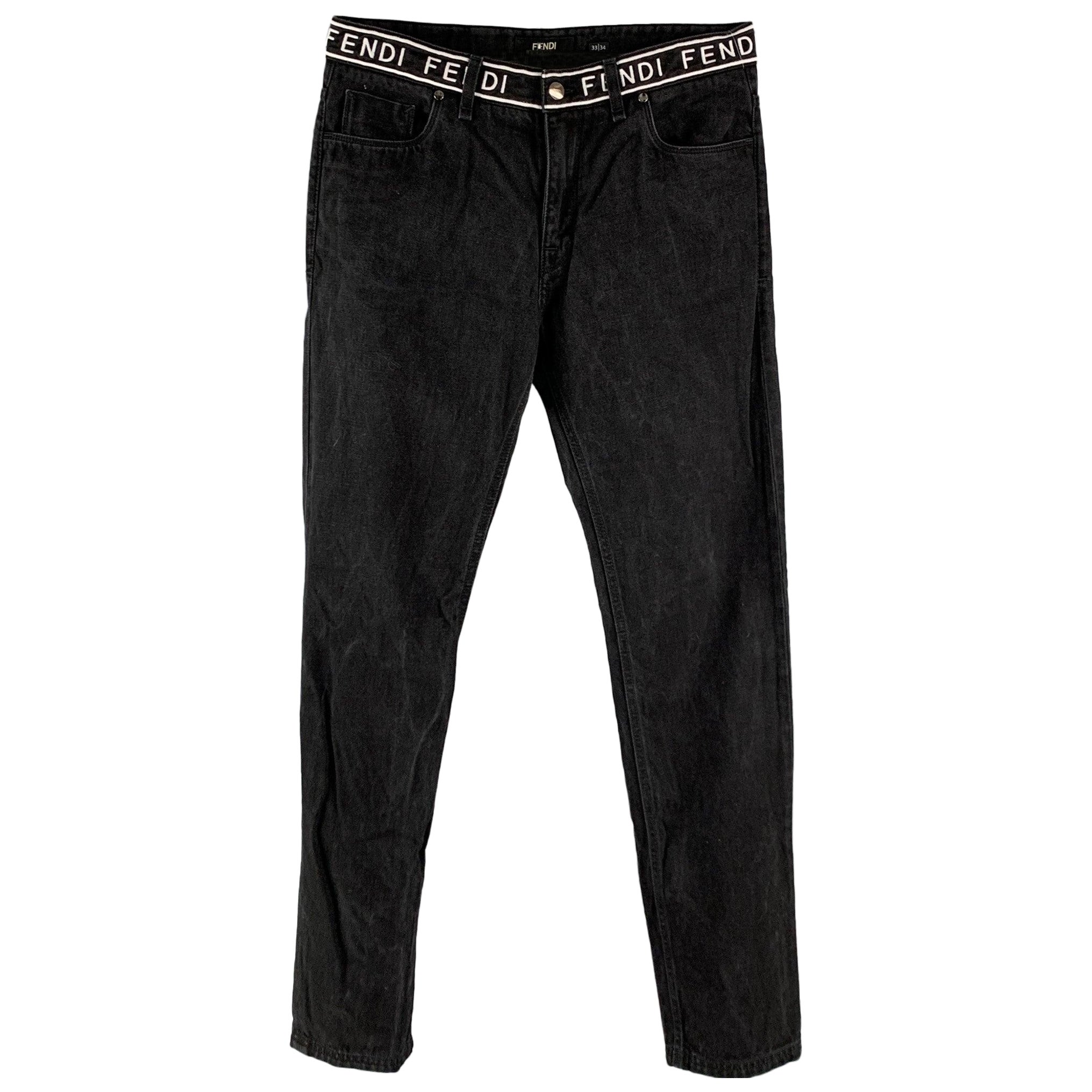 FENDI Taille 33 Noir Blanc Logo Coton Zip Fly Jeans en vente