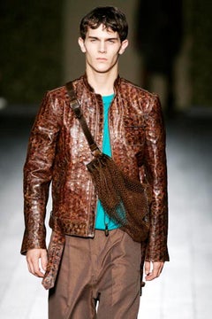 FENDI Size 40 Panama Tortuga Ambra SS 2005 Brown Textured Leather Zip Up Jacket