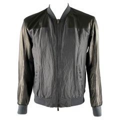 FENDI Size 44 Black Navy Linen Silk Leather Bomber Jacket