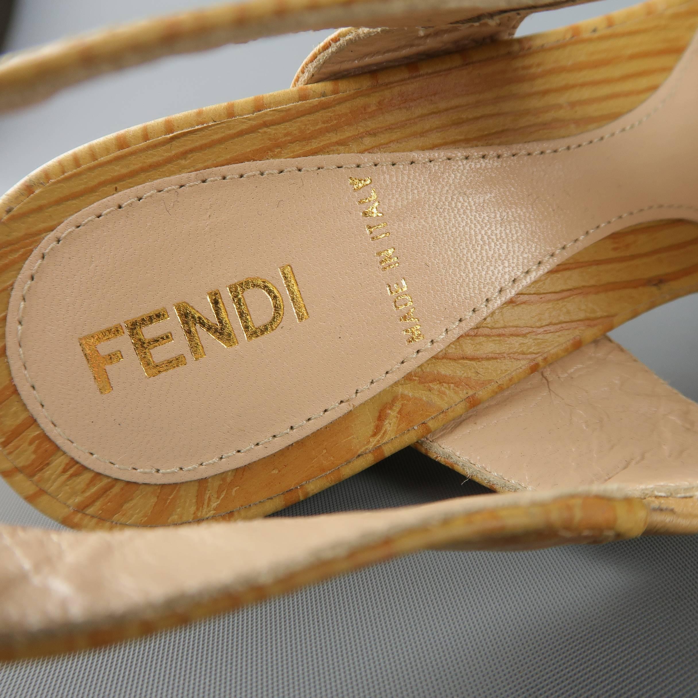 FENDI Size 5.5 Beige ood Embossed Leather Slingback Platform Sandals 2