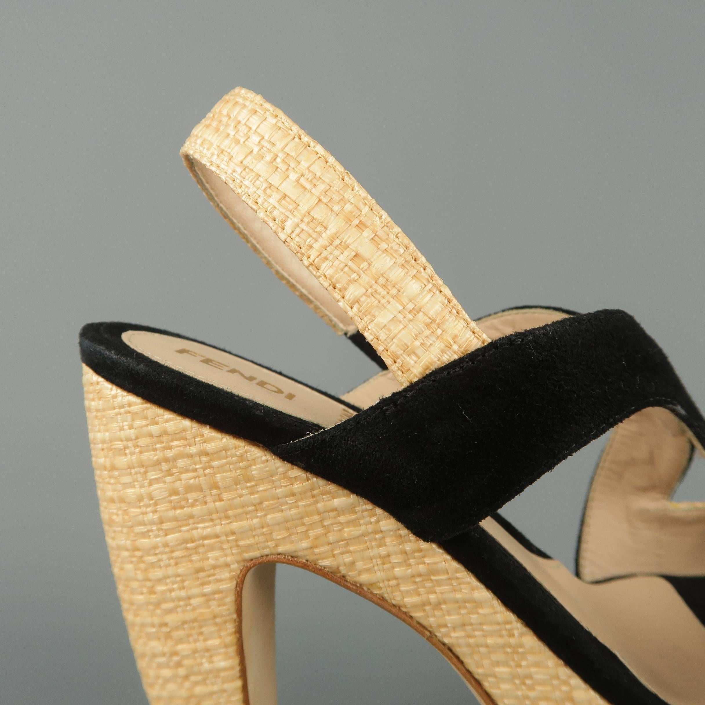 FENDI sandals come in light beige woven raffia material with a peep toe, curved black suede straps, slingback, and chunky covered heel and platform. Made in Italy.
 
Excellent Pre-Owned Condition.
Marked: IT 35.5
 
Measurements:
 
Heel: 5