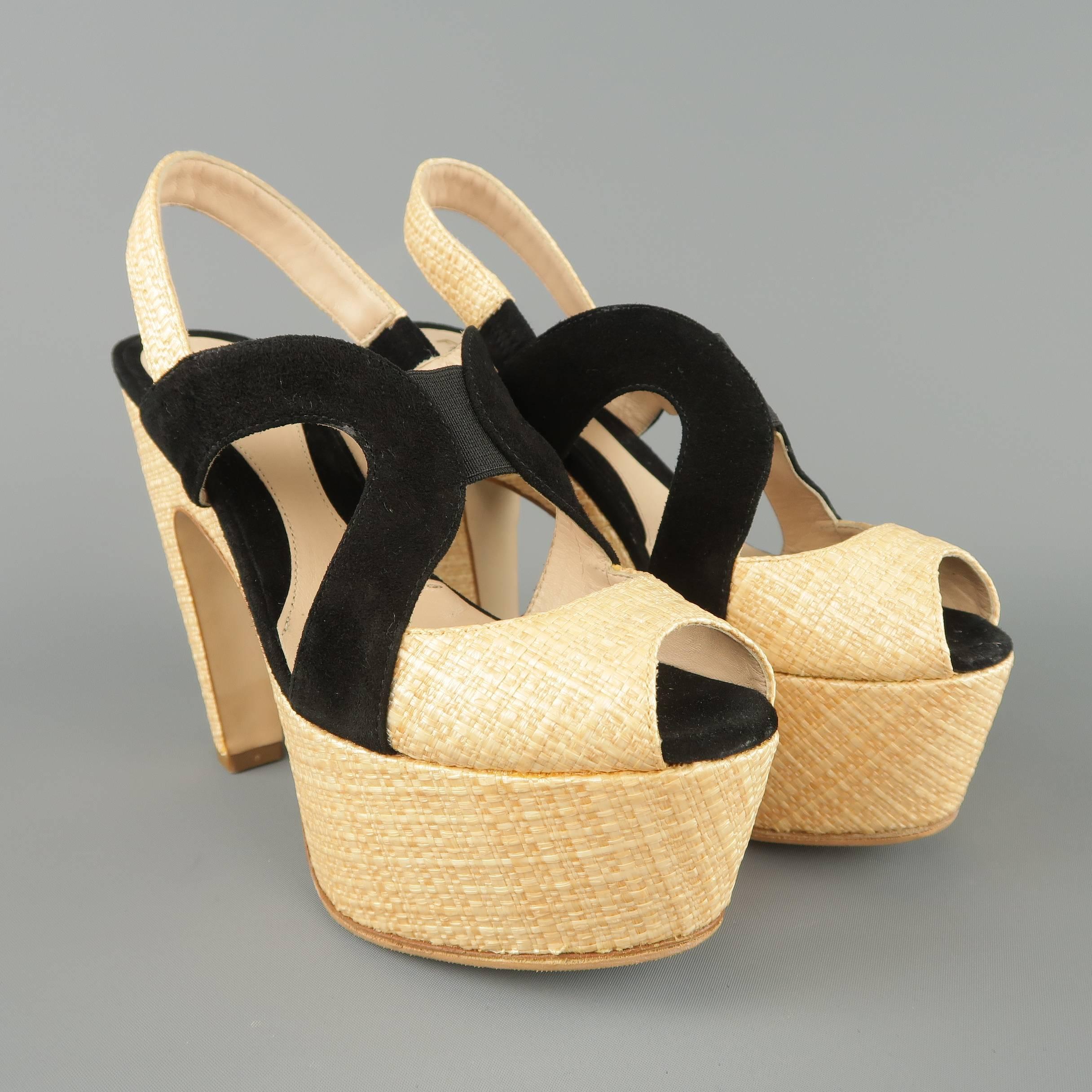 FENDI Size 5.5 Beige Raffia & Back Suede Slingback Platform Sandals In Excellent Condition In San Francisco, CA