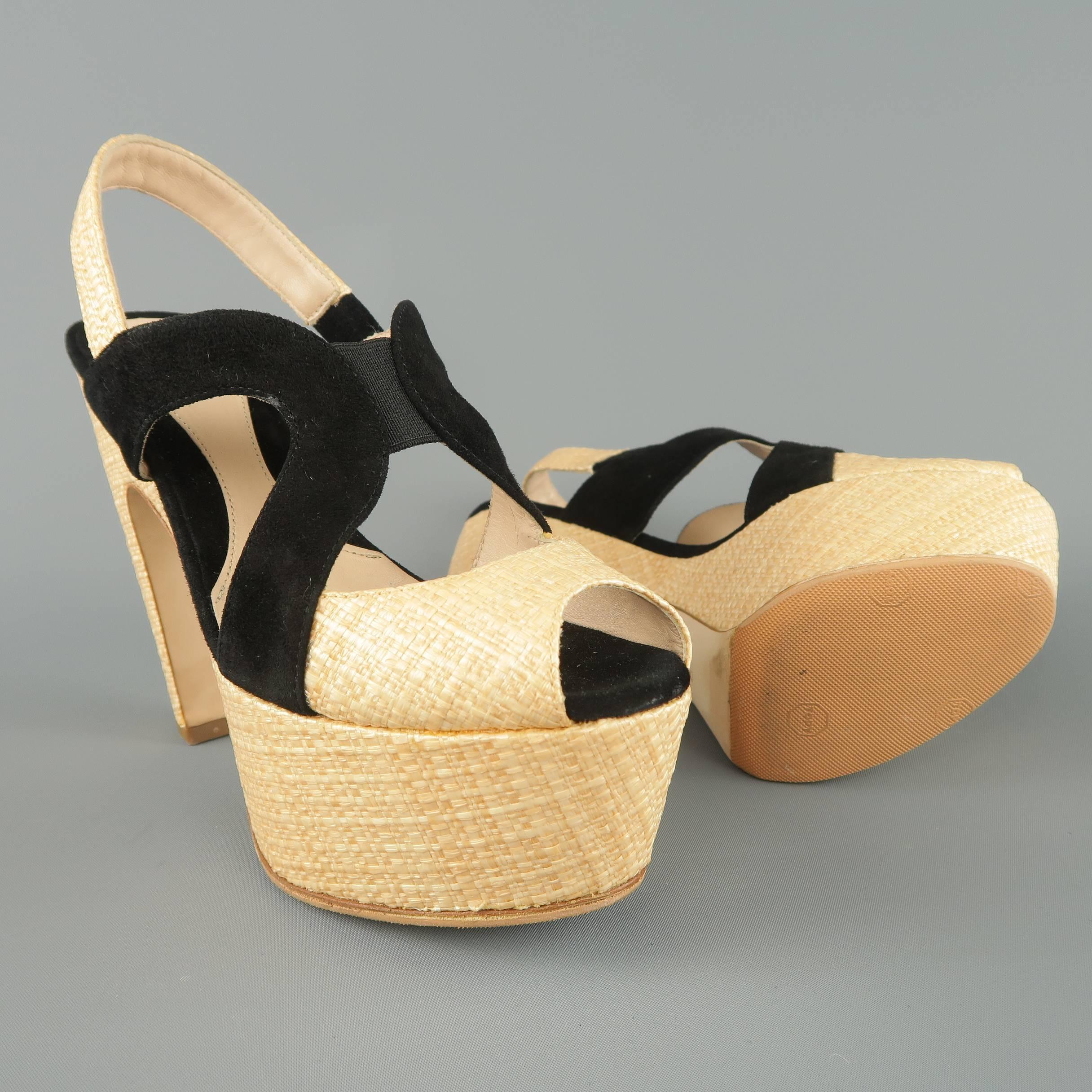 Women's FENDI Size 5.5 Beige Raffia & Back Suede Slingback Platform Sandals
