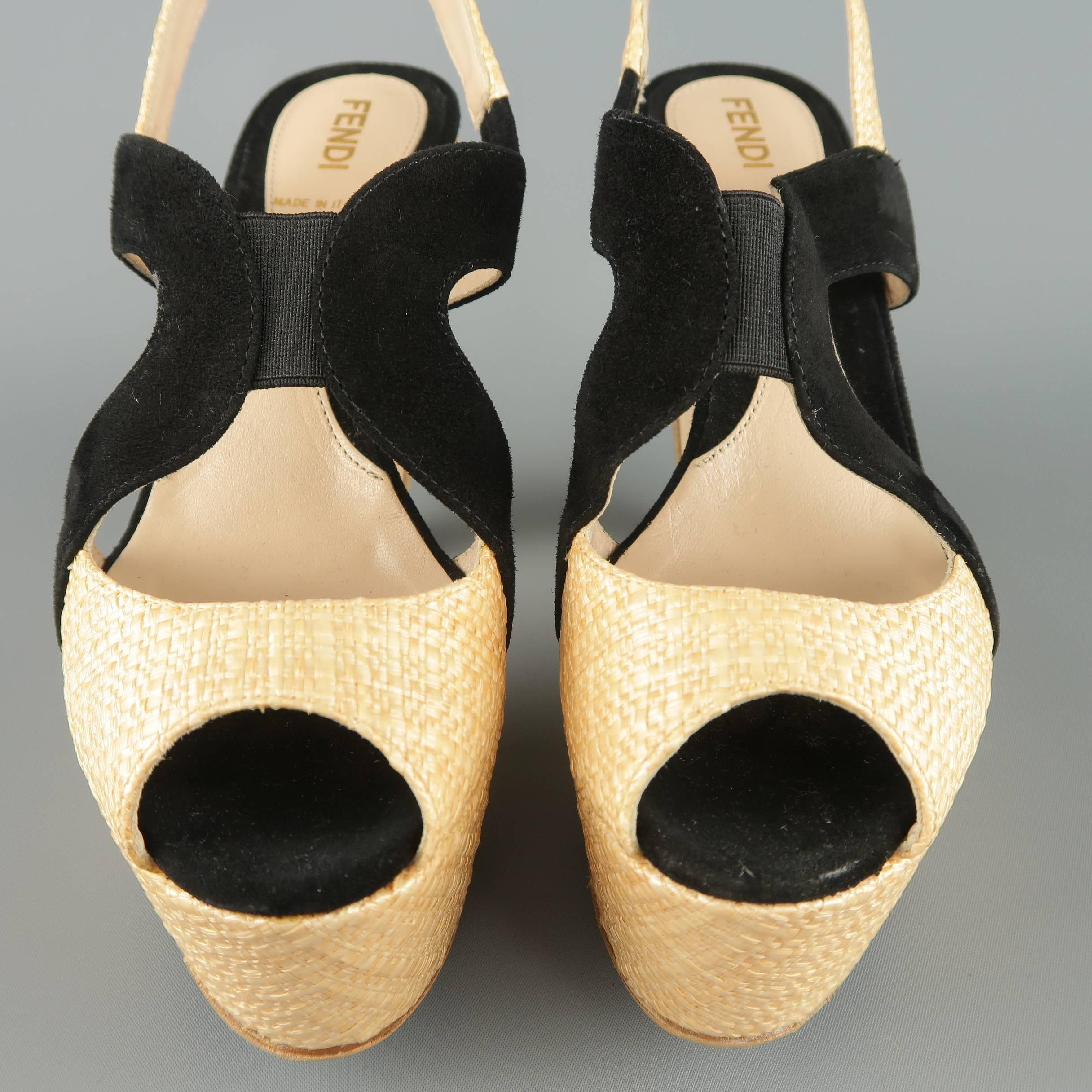 FENDI Size 5.5 Beige Raffia & Back Suede Slingback Platform Sandals 1