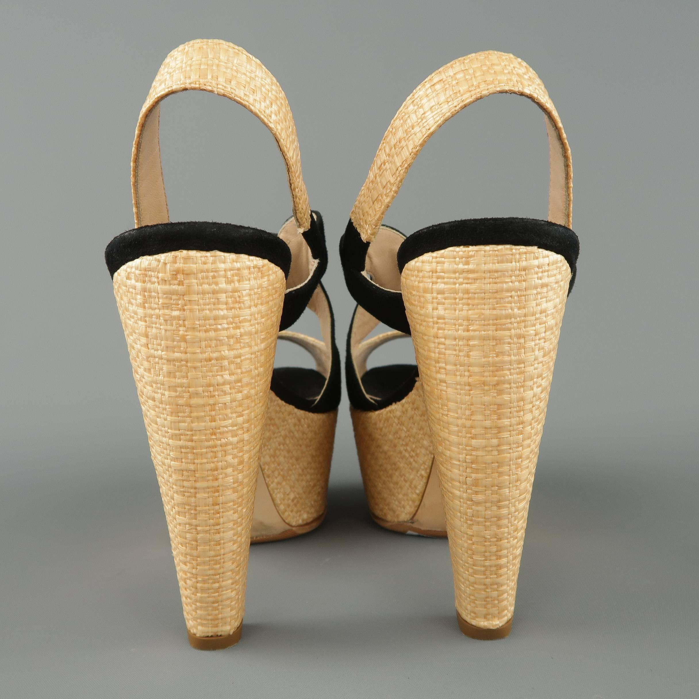 FENDI Size 5.5 Beige Raffia & Back Suede Slingback Platform Sandals 2