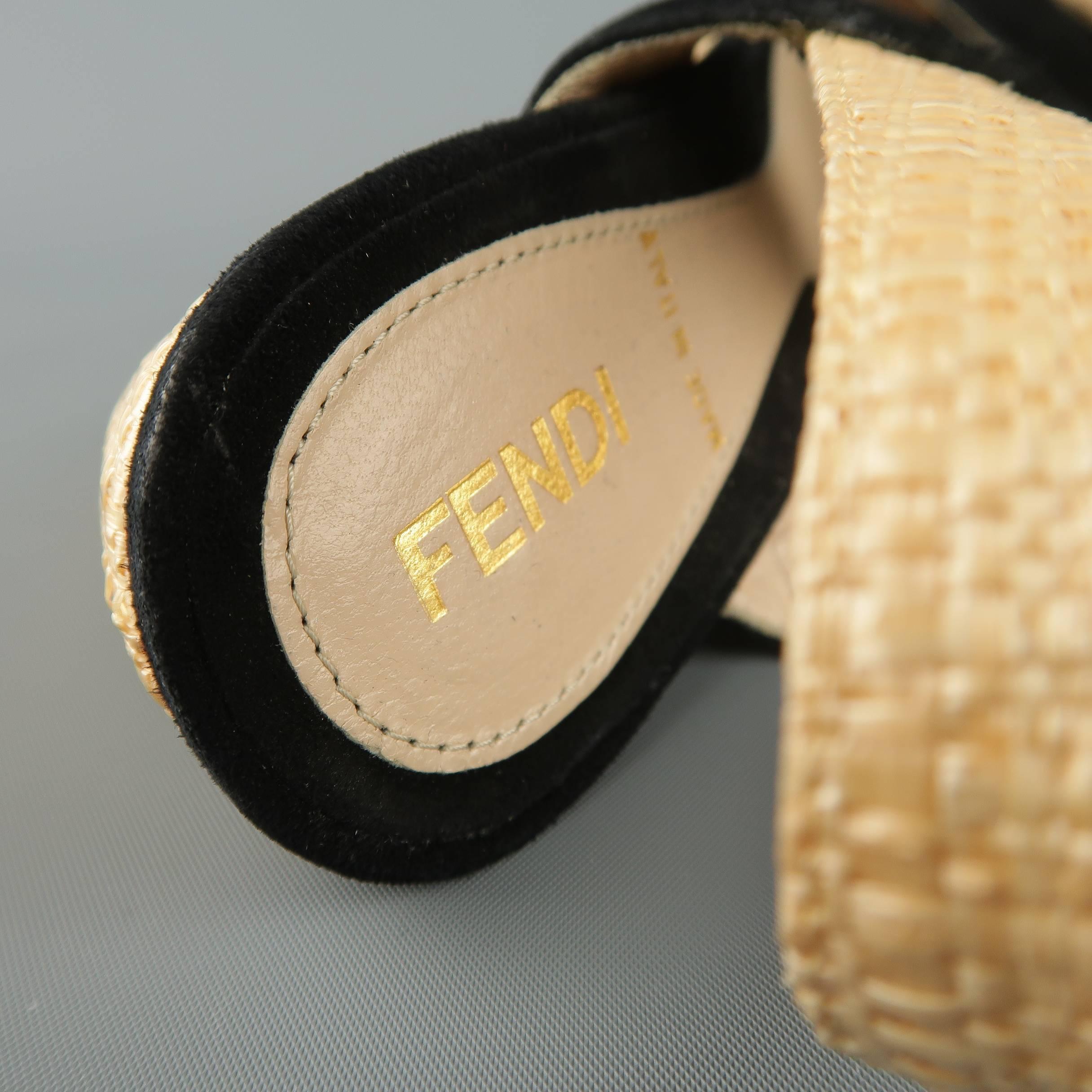 FENDI Size 5.5 Beige Raffia & Back Suede Slingback Platform Sandals 4