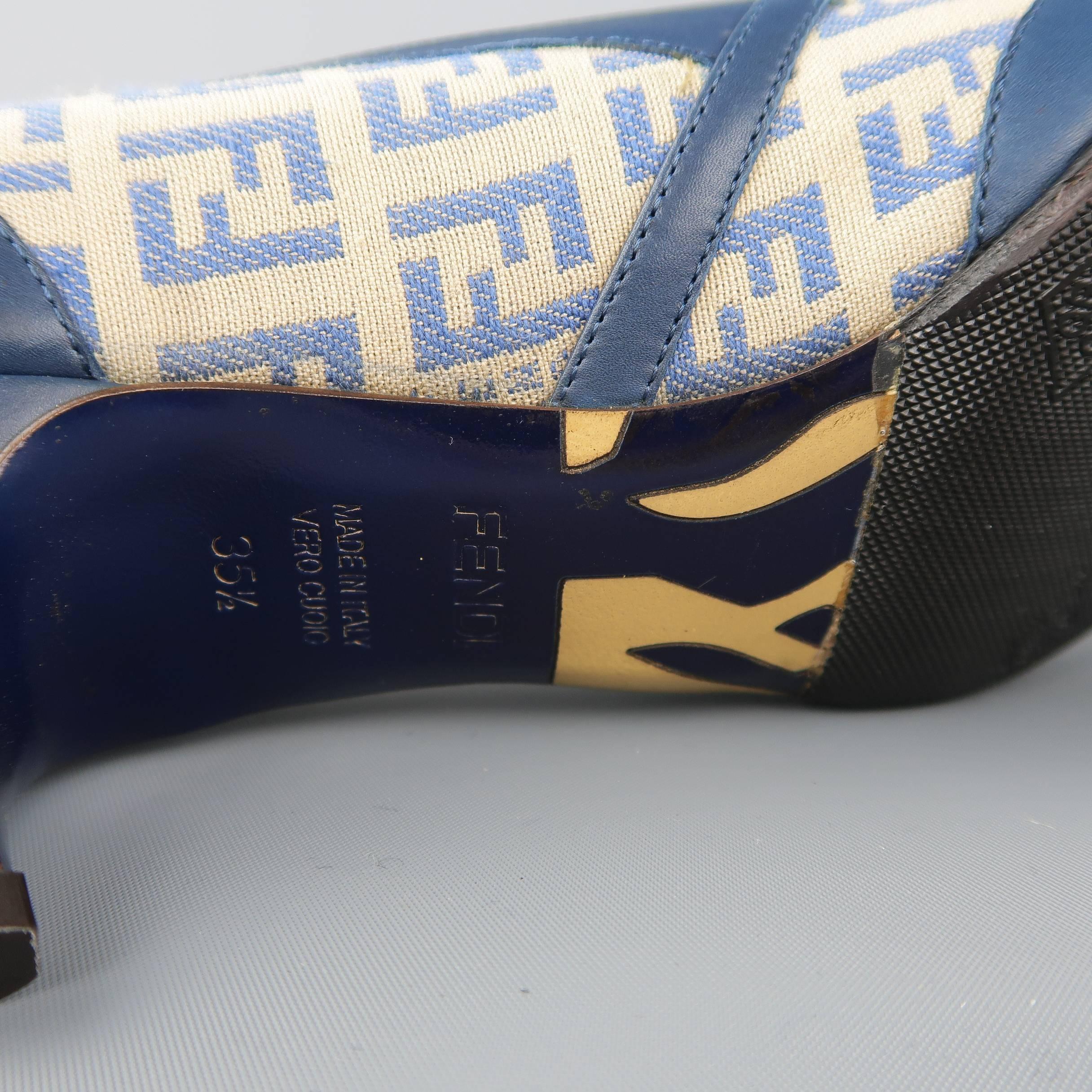 Women's FENDI Size 5.5 Blue Leather Zucca Monogram Canvas Kitten Heel Pumps
