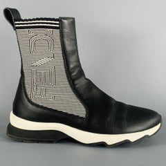FENDI Size 6 Black White Leather Knit Sock Boots