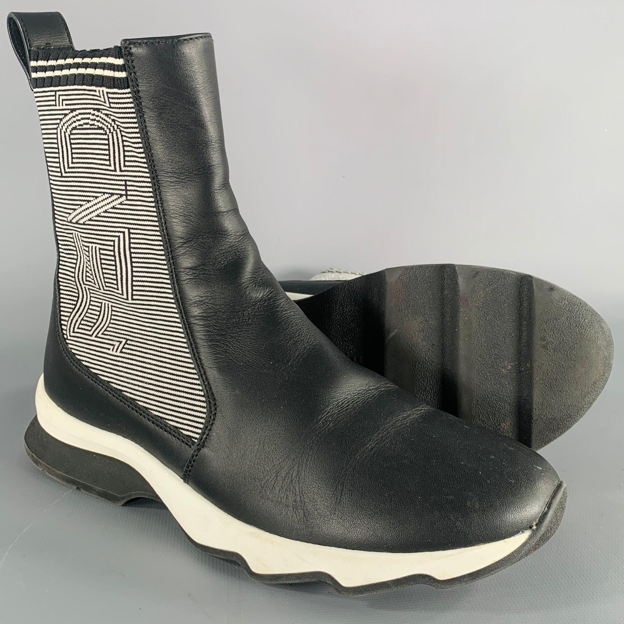 FENDI Size 6 Black White Leather Knit Sock Boots For Sale 1