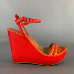 FENDI Size 7 Red Orange Leather Color Block Embossed Wedge