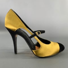 FENDI Size 7.5 Gold Black Satin Mary Jane Pumps