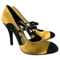 FENDI Size 7.5 Gold Black Satin Mary Jane Pumps