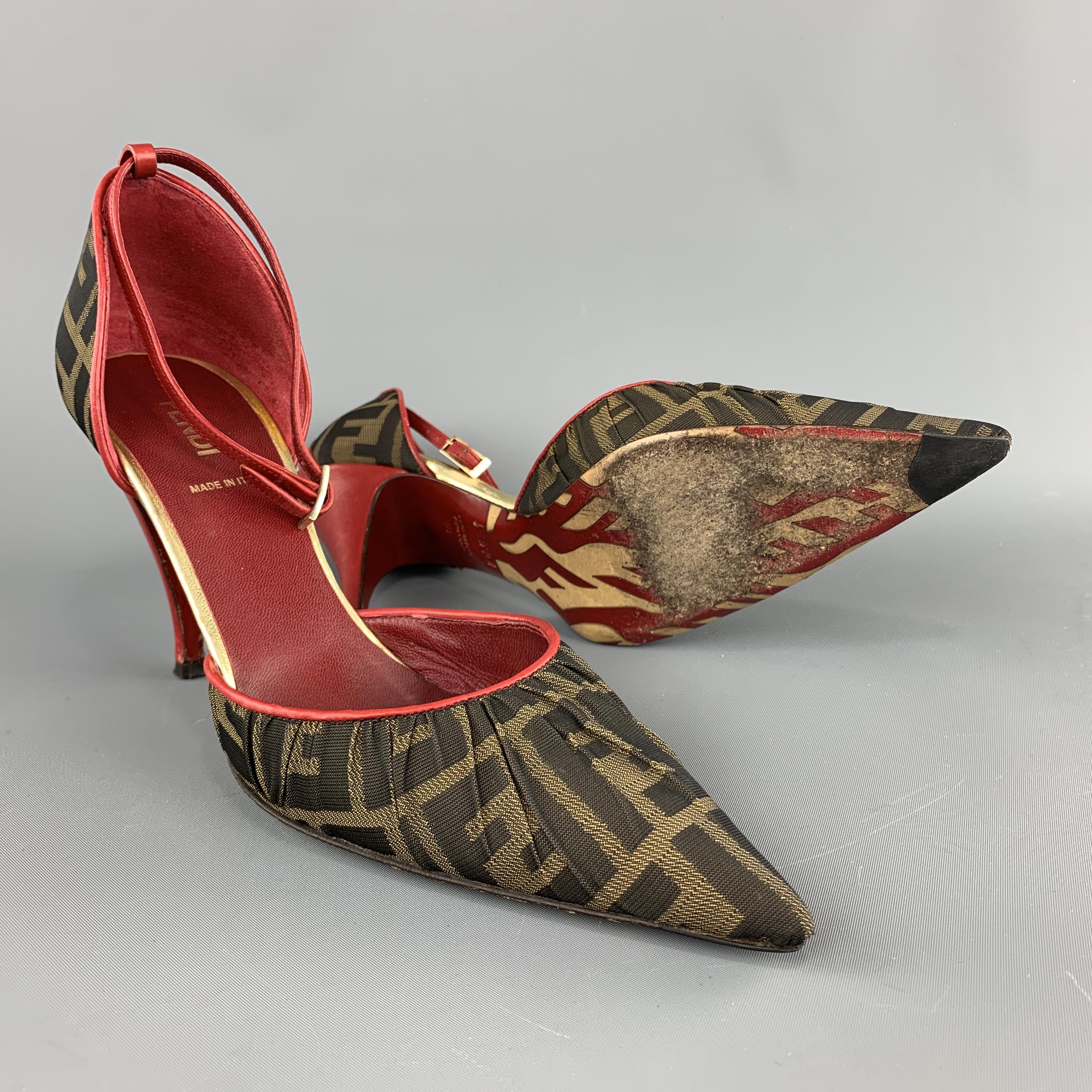 FENDI Size 8 Brown Zucca Fabric & Red Leather Ankle Strap Pumps In Good Condition In San Francisco, CA
