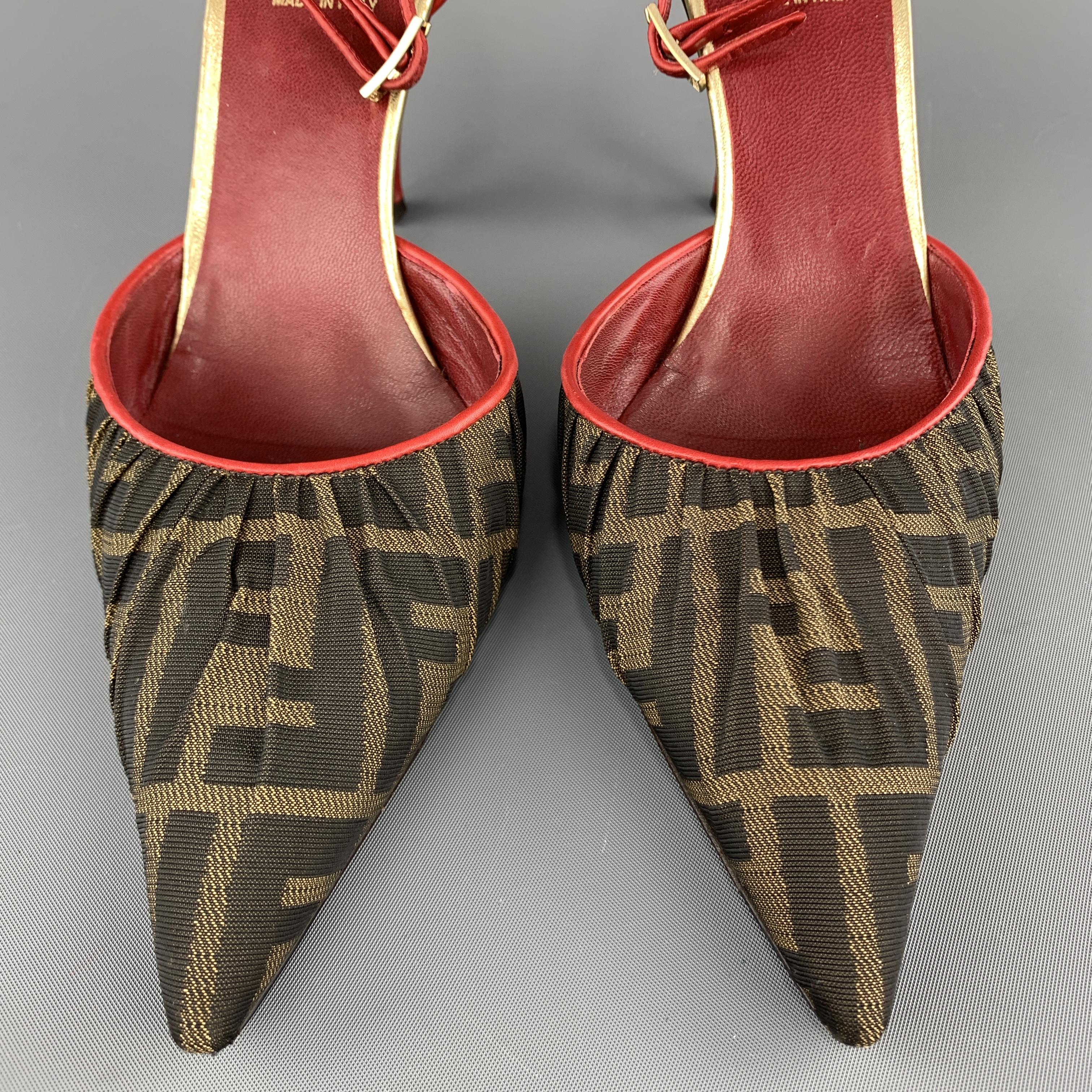 Women's FENDI Size 8 Brown Zucca Fabric & Red Leather Ankle Strap Pumps