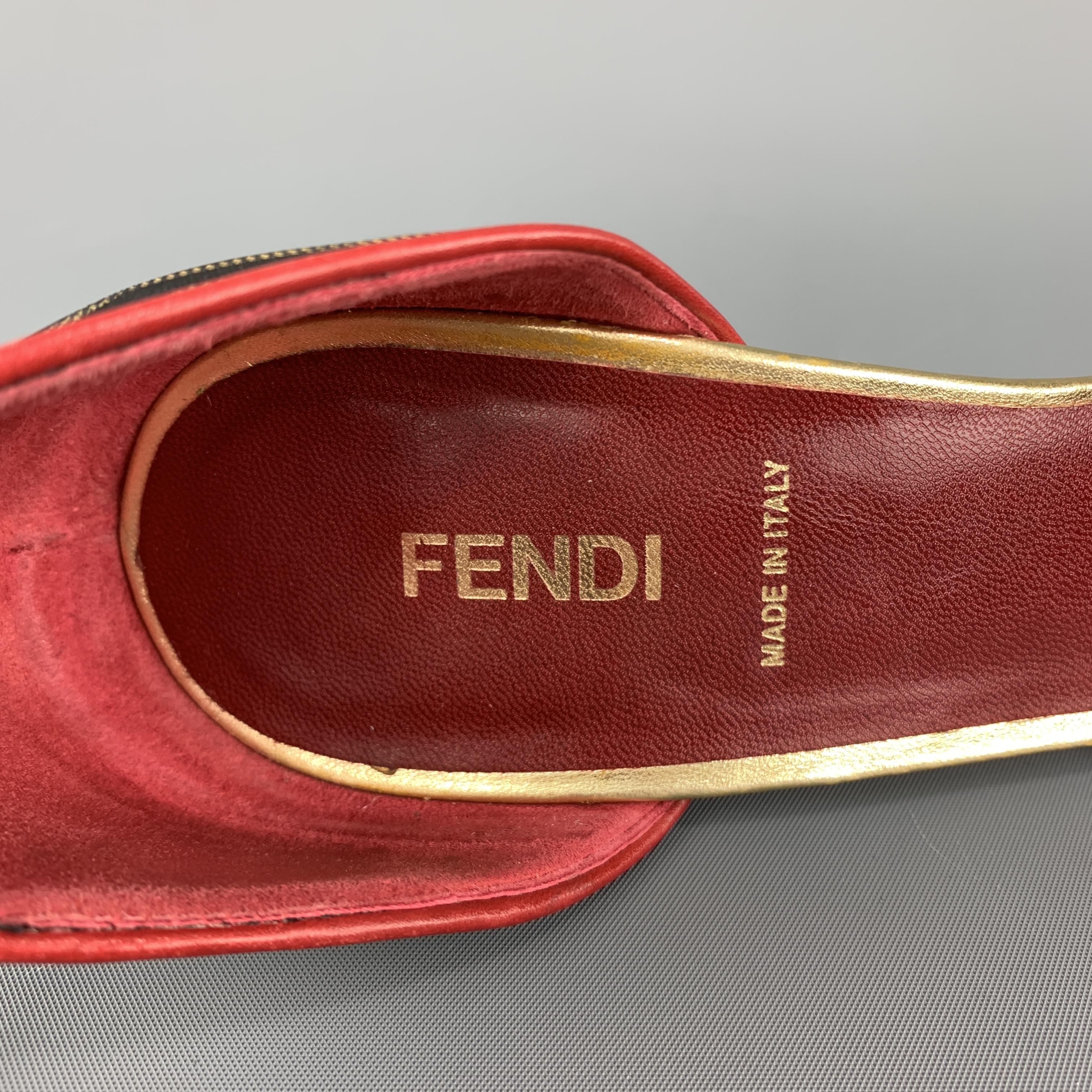 FENDI Size 8 Brown Zucca Fabric & Red Leather Ankle Strap Pumps 1