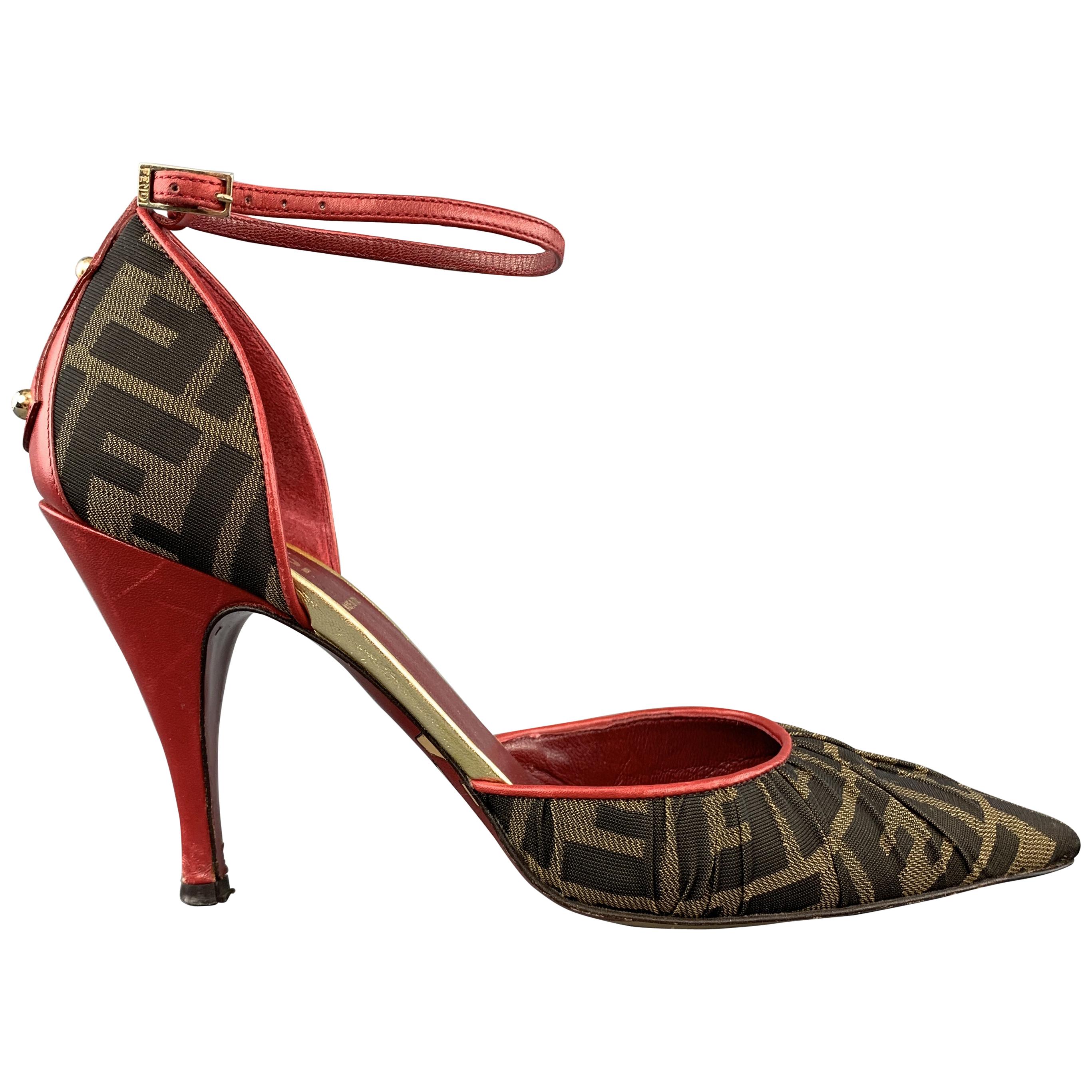 FENDI Size 8 Brown Zucca Fabric & Red Leather Ankle Strap Pumps