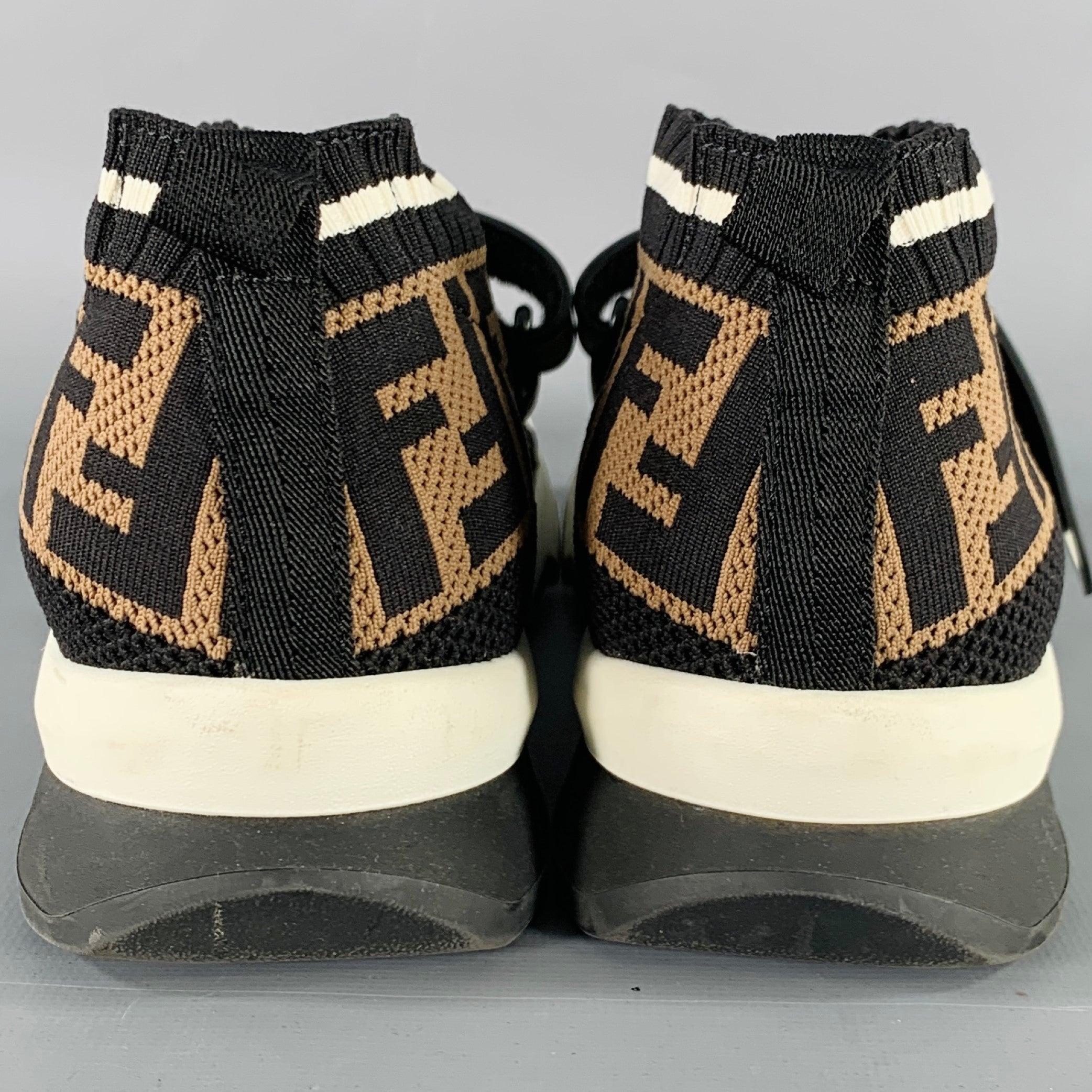 FENDI Size 8 Rockoko Black Brown Jacquard Monogram Slip On Sneakers In Good Condition For Sale In San Francisco, CA