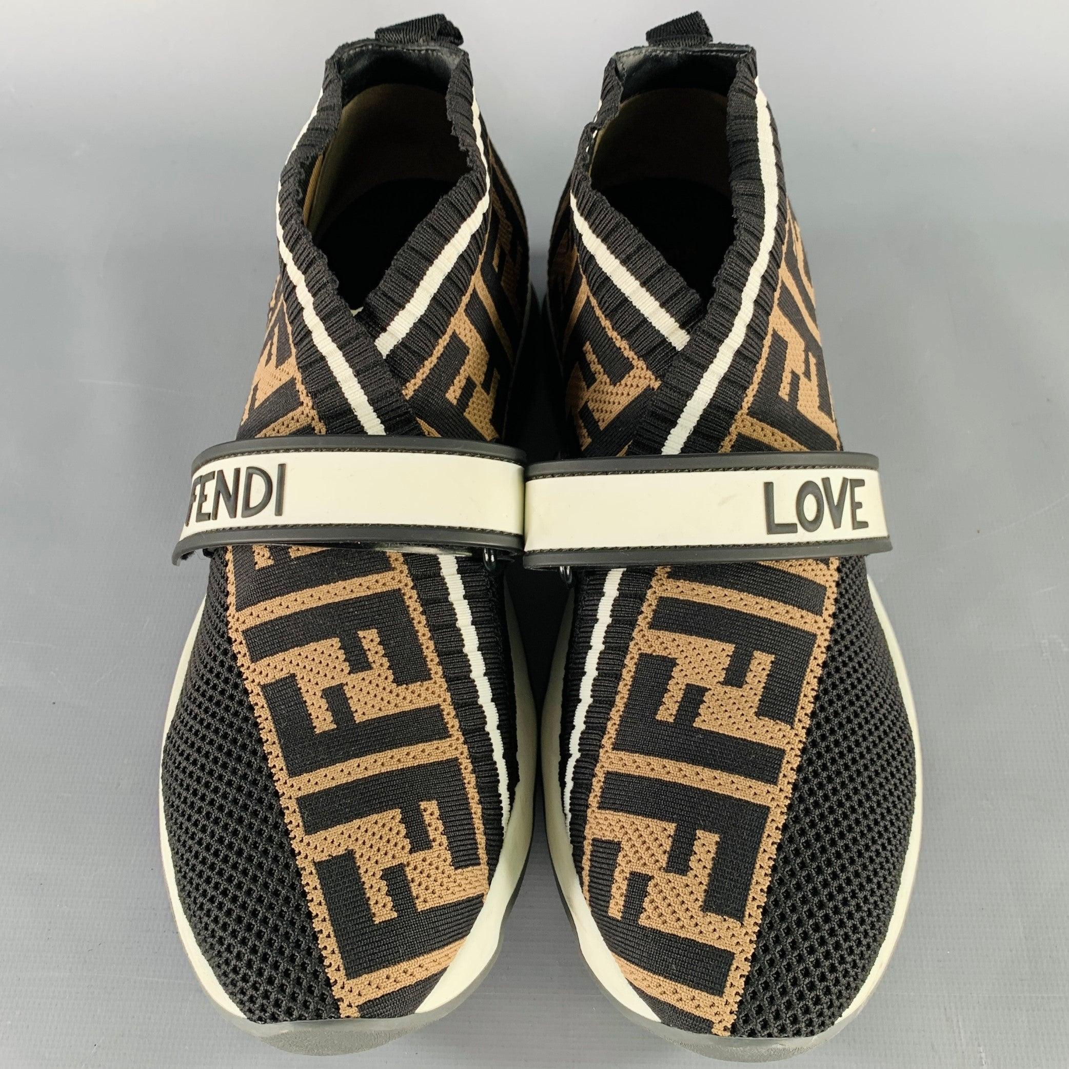 Women's FENDI Size 8 Rockoko Black Brown Jacquard Monogram Slip On Sneakers For Sale