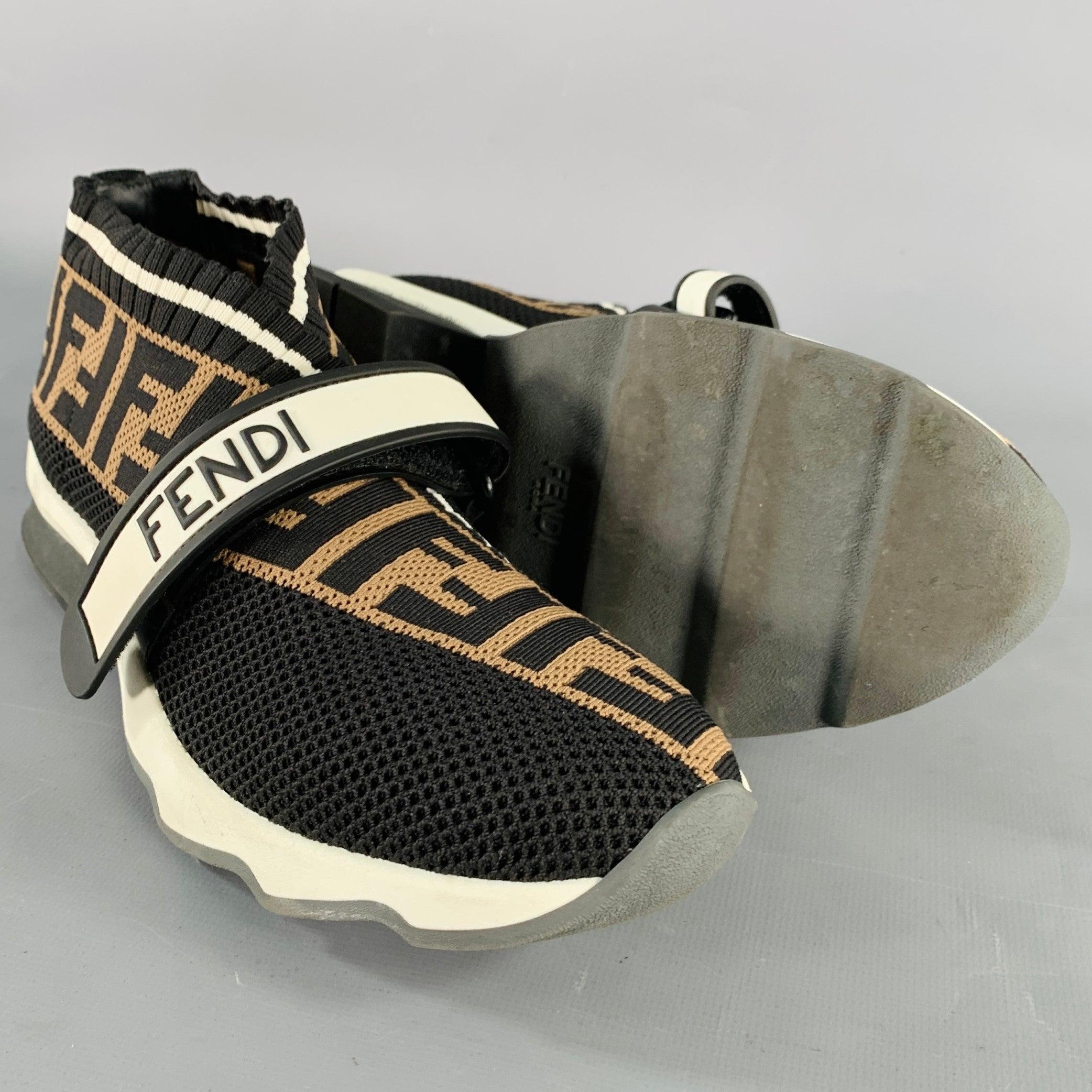 FENDI Size 8 Rockoko Black Brown Jacquard Monogram Slip On Sneakers For Sale 1