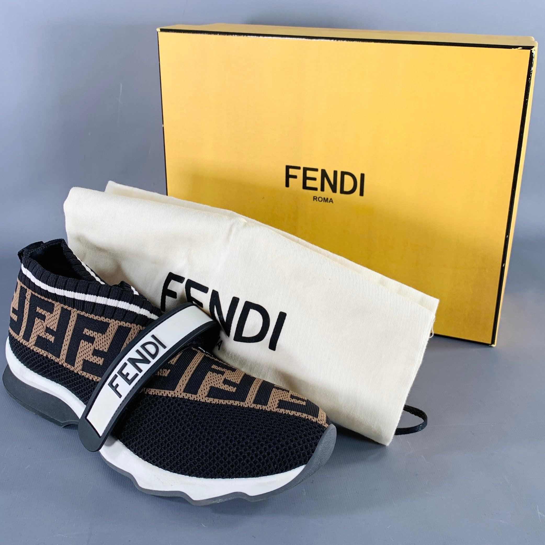 FENDI Size 8 Rockoko Black Brown Jacquard Monogram Slip On Sneakers For Sale 5
