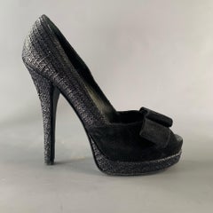 FENDI Size 8.5 Black Raffia Woven Platform Pumps