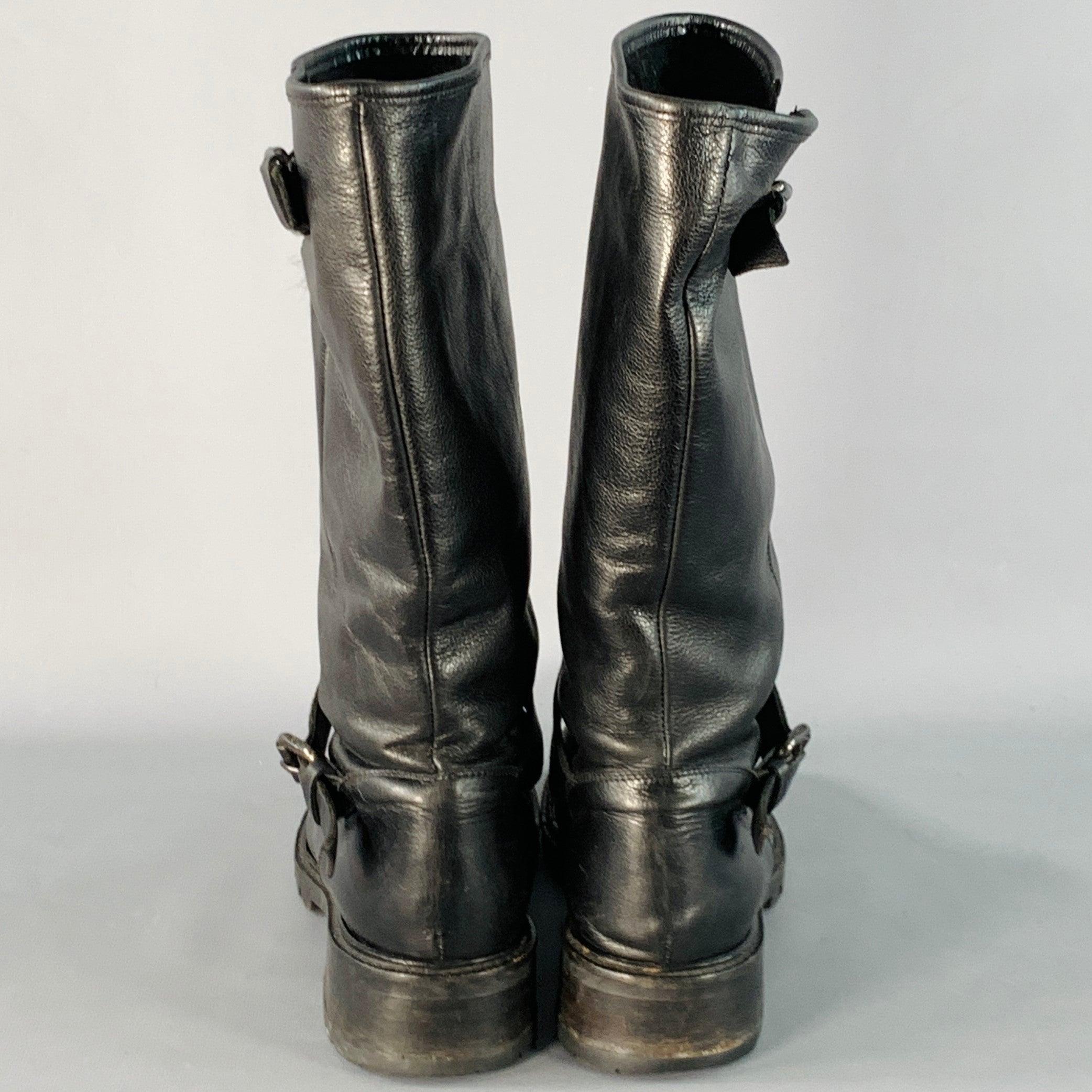 FENDI Talla 9 Botas de piel negra con forro de borreguillo y hebilla Negro en venta