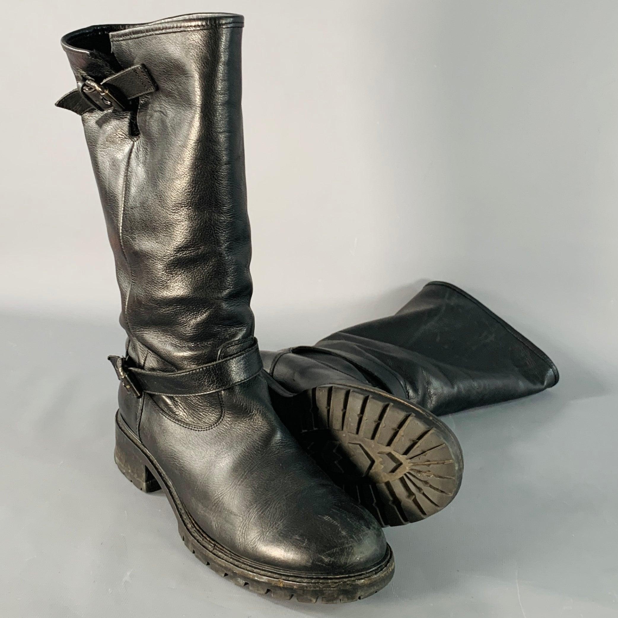 De los hombres FENDI Talla 9 Botas de piel negra con forro de borreguillo y hebilla en venta