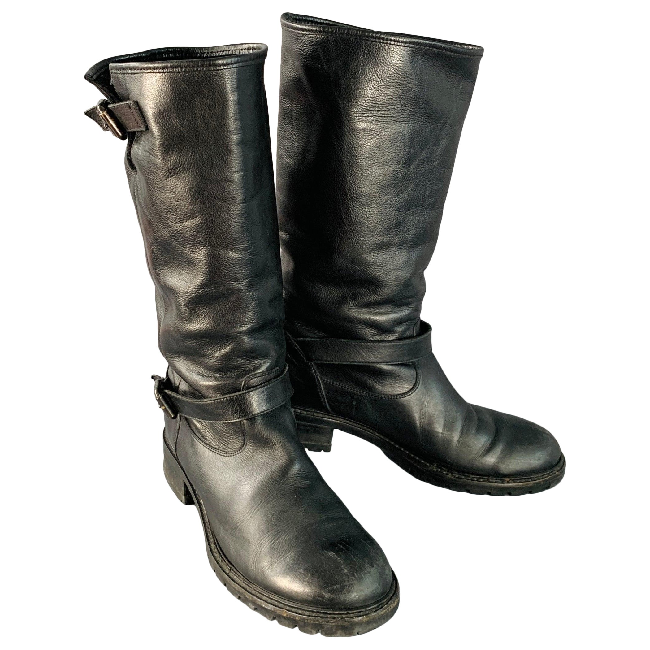 FENDI Size 9 Black Leather Shearling Lined Pull On Buckle Boots