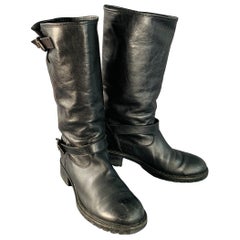 FENDI Size 9 Black Leather Shearling Lined Pull On Buckle Boots