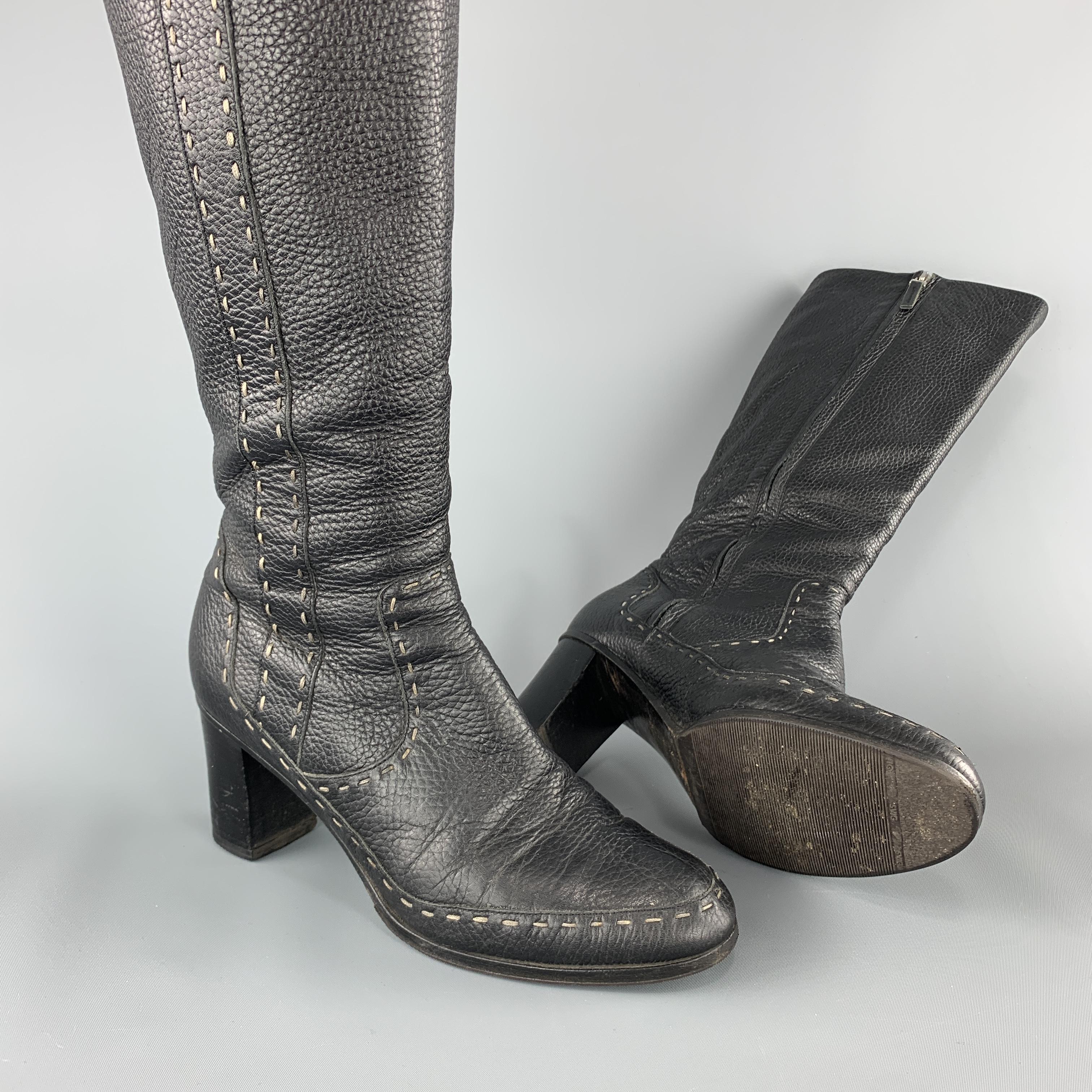 Black FENDI Size 9 Brown Textured Top Stitch SELLERIA Knee High Boots